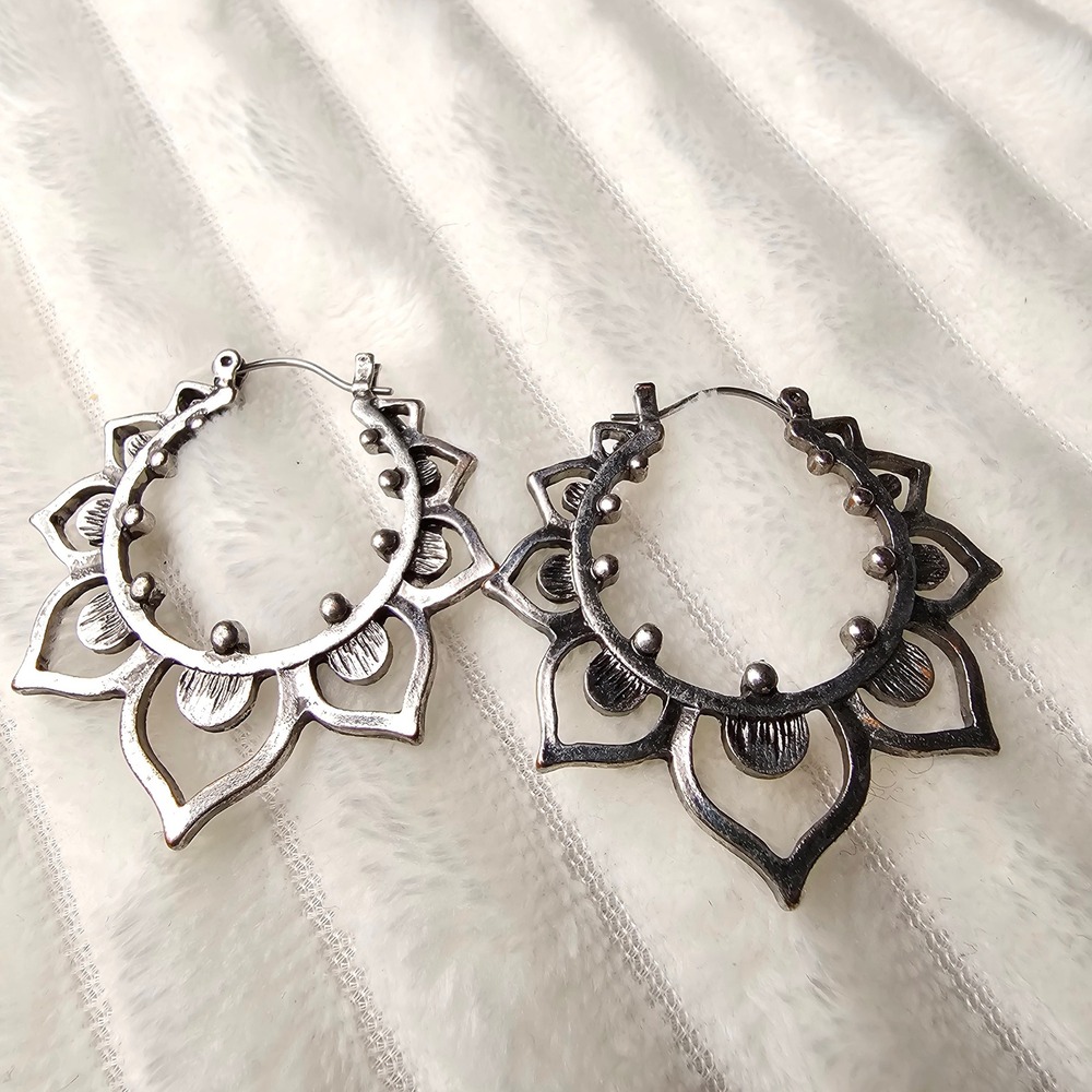 Lotus Flower Hoop Earrings Silver Tone Openwork Boho Festival Mandala 1.75"
